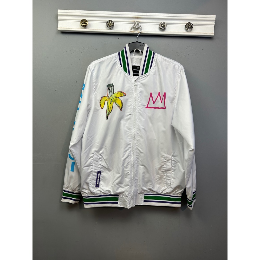 Members Only Bomber Jacket Men Medium White Basquiat Art Graphic Full Zip Street - Picture 2 of 11